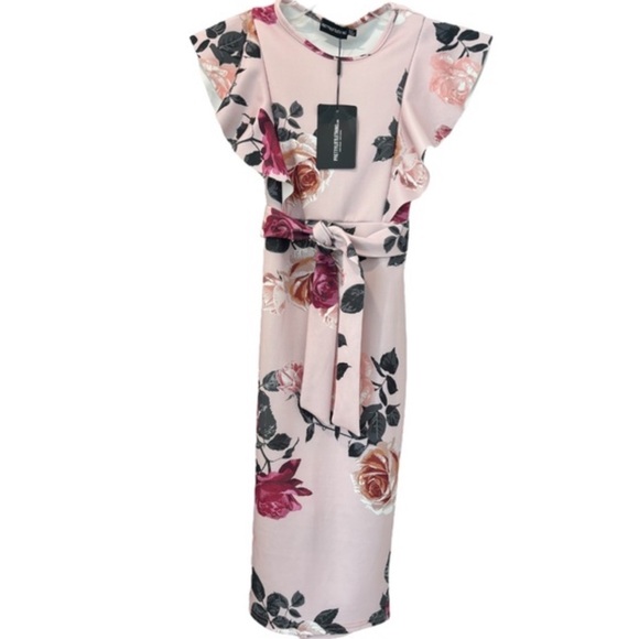Floral Print Ruffle Detail Midi Dress Romantic Flowers Dusty Rose Pink Size 4 - Picture 7 of 16